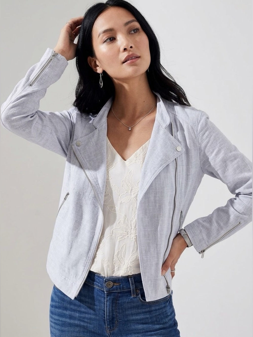 LOFT Pale Blue Linen
Asymmetric Zipper Moto
Jacket Women's L